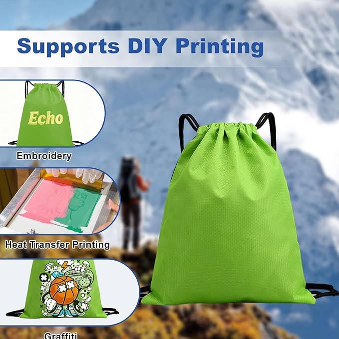 5-Pack Waterproof Drawstring Backpacks, Soccer-Texture Oxford Fabric, 16.9" × 13.8", Lightweight 0.20 lb Each, No Eyelets, Gym & Marathon Gear Sacks(Green)
