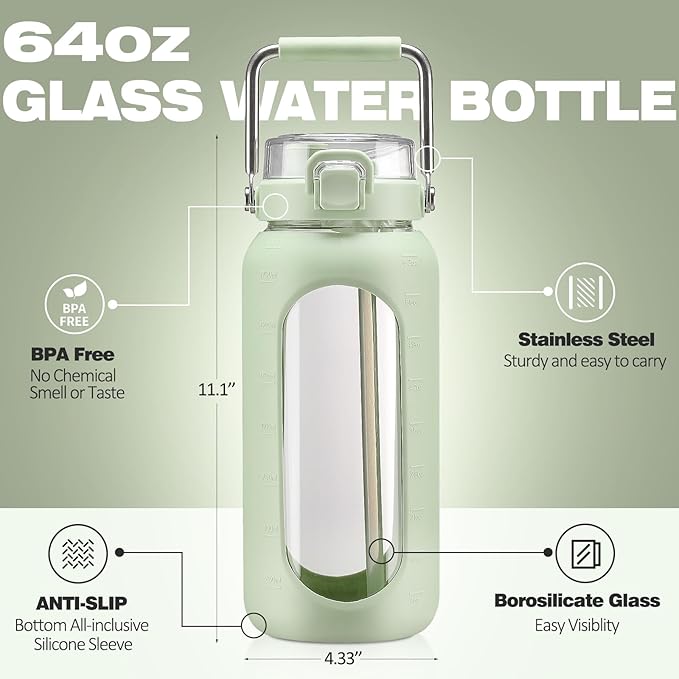 BLUEGO 64oz Water Bottle Glass with Stainless Steel Handle Large Water Bottle with Time Markers and Silicone Sleeve Half Gallon Water Jug BPA Free for Gym Daily Use, Light Green