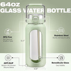BLUEGO 64oz Water Bottle Glass with Stainless Steel Handle Large Water Bottle with Time Markers and Silicone Sleeve Half Gallon Water Jug BPA Free for Gym Daily Use, Light Green