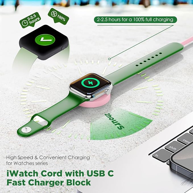 2Pack for Apple Watch Charger Cable, 3FT USB C to Magnetic Wireless Fast i-Watch Charging Cord [Portable], Compatible with iWatch Series Ultra/9/8/7/6/SE/SE2/5/4/3/2 - Pink