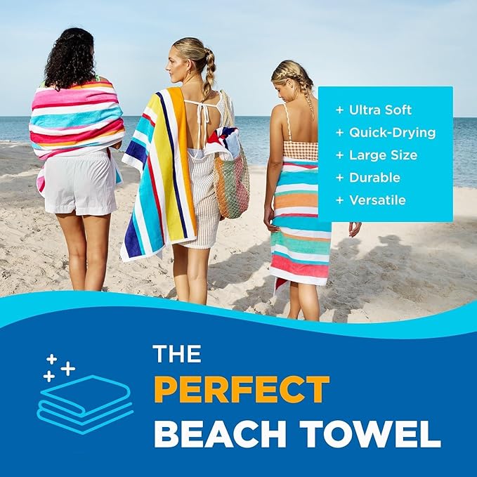 Ben Kaufman Joey Velour Colored Classic Multi-Color Stripe Beach & Pool Towel - Large Cotton Towel - Soft & Absorbant - Assorted Colors - 32” x 62” - 4 Pack