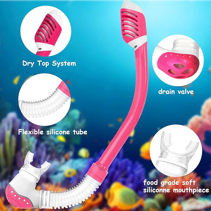 Vvinca Snorkeling Gear for Kids Dry Top Kids Snorkel Set for Boys Girls Junior Youth Children Age 4-14 Swim Goggles with Nose Cover Anti-Fog Panoramic View Adjustable Elastic Diving Mask and Snorkel