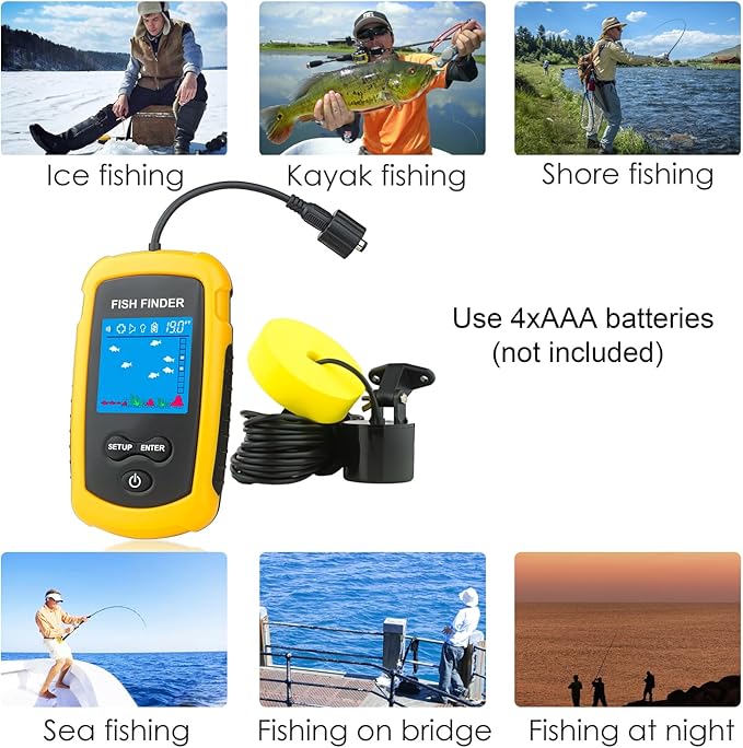 Portable Fish Finder Ice Kayak Fishing Gear Water Depth Finder Handheld Fishfinder with Sonar Transducer and LCD Display