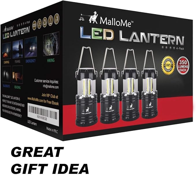 MalloMe LED Camping Lantern Flashlights 2 Pack & 4 Pack - Super Bright - 350 Lumen Portable Outdoor Lights (Black, Collapsible)