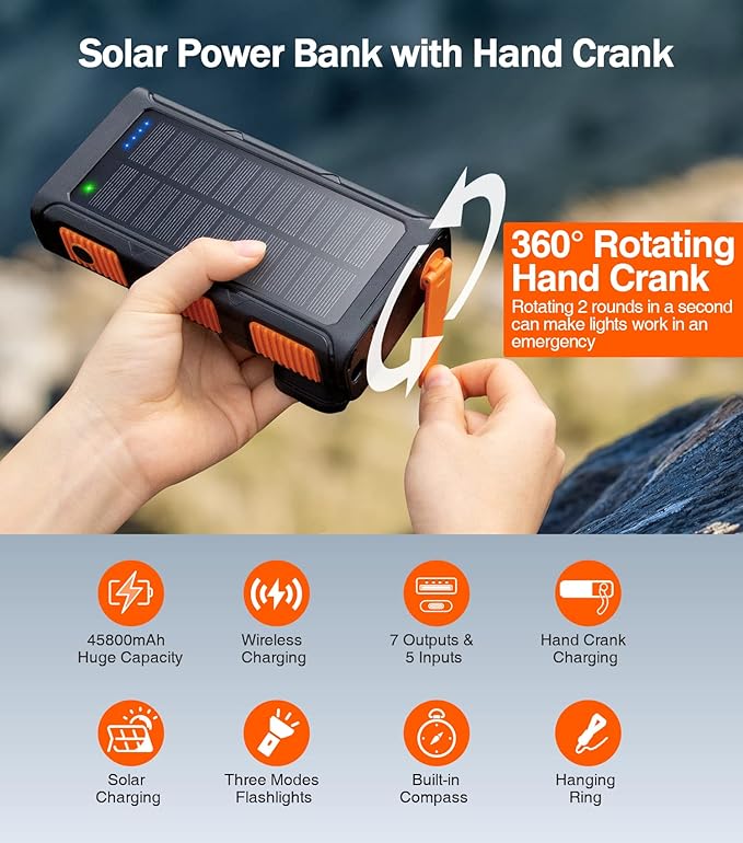 GOODaaa Power Bank Wireless Charger 45800mAh Built in Hand Crank and 4 Cables 15W Fast Charging Power Bank 7 Outputs & 4 Inputs Solar Portable Charger, SOS/Strobe/Strong Flashlights, Compass