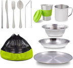 Acelane Camping Mess Kit Camping Plates Dishes Stainless Steel Camping Utensils Set Tableware Dinnerware with Bowls Cups Cutlery 1-2 Person for Backpacking, Hiking, Picnic, BBQ, RV Travel