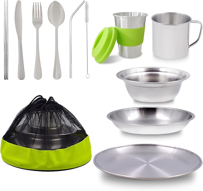 Acelane Camping Mess Kit Camping Plates Dishes Stainless Steel Camping Utensils Set Tableware Dinnerware with Bowls Cups Cutlery 1-2 Person for Backpacking, Hiking, Picnic, BBQ, RV Travel