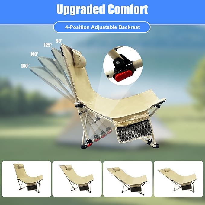 Oversized Backpack Beach Chairs 2 Pack with 4 Position Lay Flat Portable Low Camping Chairs with Headrest&Side Pocket Folding Reclining Chairs for Beach Lawn Outdoor