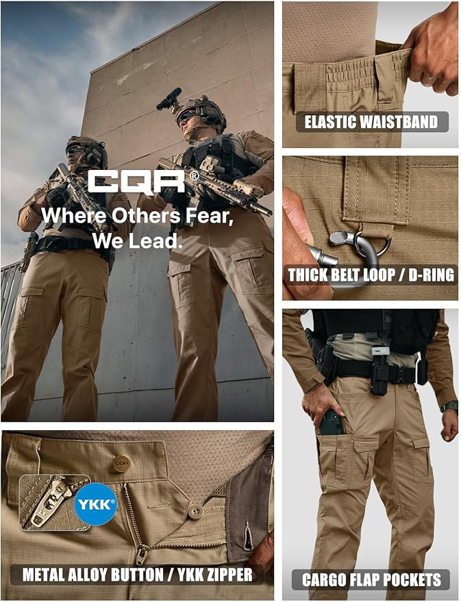 CQR Men's Flex Ripstop Tactical Pants, Water Resistant Stretch Cargo Pants, Lightweight EDC Hiking Work Pants