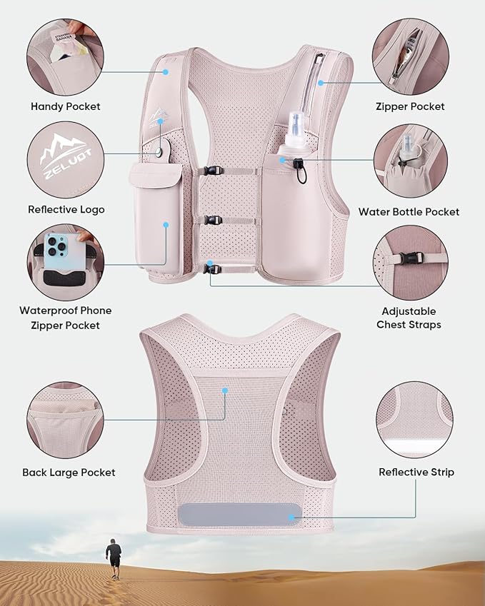 Running Vest for Women Men, USA Original Patent, Adjustable Chest Straps Running Hydration Vest with 500ml Soft Flask, Lightweight Reflective Hydration Backpack for Marathon