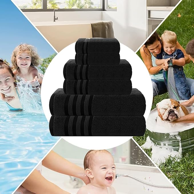 CASA COPENHAGEN Zero Twist 6Pcs 100% Egyptian Cotton Large Designer Towels Gift Set- Jet Black, 600 GSM, 2Bath 2Hand 2Washcloths, Bath Towels for Bathroom Set for Women & Men