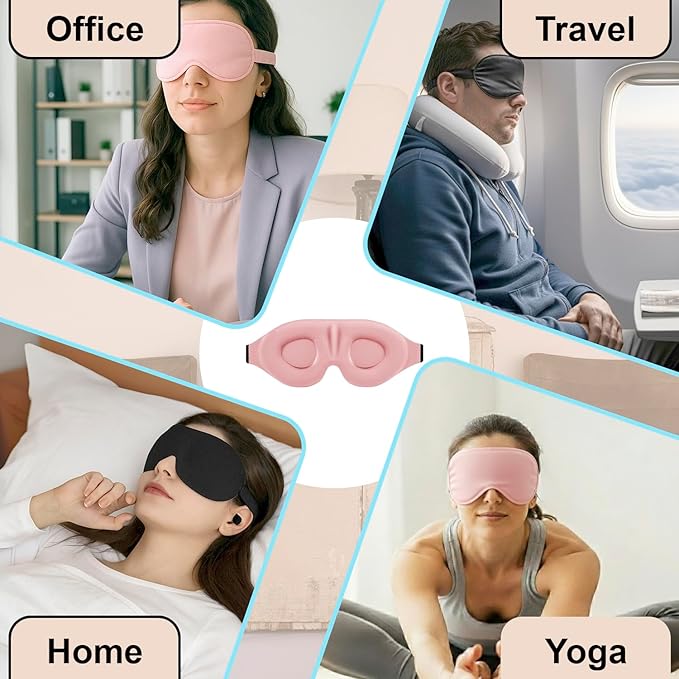 Luxury Sleep Mask – Pack of 2 Ultra-Soft Silk Eye Covers with Adjustable Strap & Soft Ear Loops, 3D Contoured Light Blocking Sleeping Mask for Travel, Naps & Relaxation(Black & Pink)