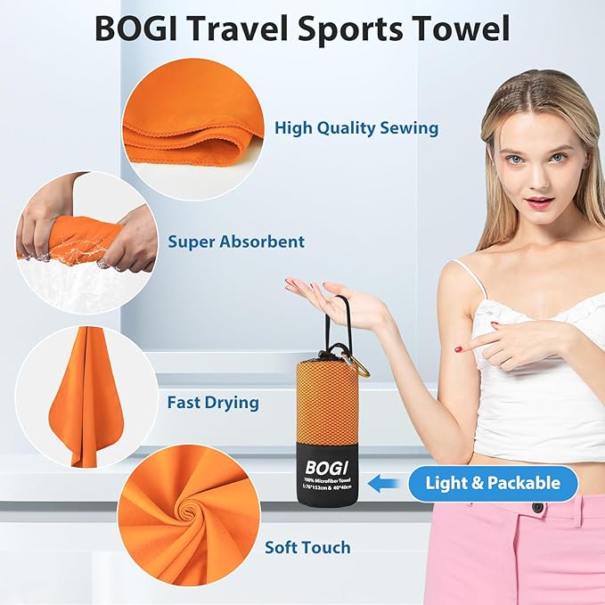 BOGI Microfiber Travel Sports Towel-Quick Dry Towel, Soft Lightweight Microfiber Camping Towel Absorbent Compact Travel Towel for Camping Gym Beach Yoga Swimming Backpacking (S:16''x32'',2Pcs-Orange)