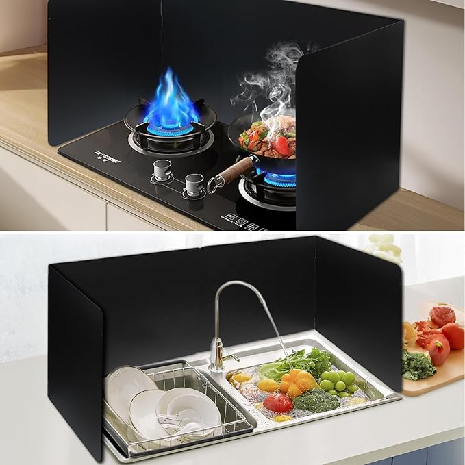 2 Pieces Grease Splatter Guard 2 Sided Foldable Stainless Steel Splatter Guard Oil Splash Guard for Grease Stainless Steel Backsplash for Stove Frying Pan Splatter Guard (Black, 15.7" X 15.7")