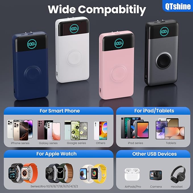 Portable Charger 40800mAh Power Bank with Built-in Cables,Wall Plug and iWatch Charger,6-IN-1 QC4.0+25W PD USB C Fast Phone Charging,LCD Display Battery Pack for iPhone 16/15/14,Apple Watch,Galaxy etc