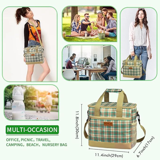 Iknoe Large Cooler Bag Collapsible 24 Can, Insulated Bags Leakproof Lunch Cooler Tote with Multi-Pockets for Adult, Insulated Lunch Box for Beach, Picnic, Work Khaki Lattice