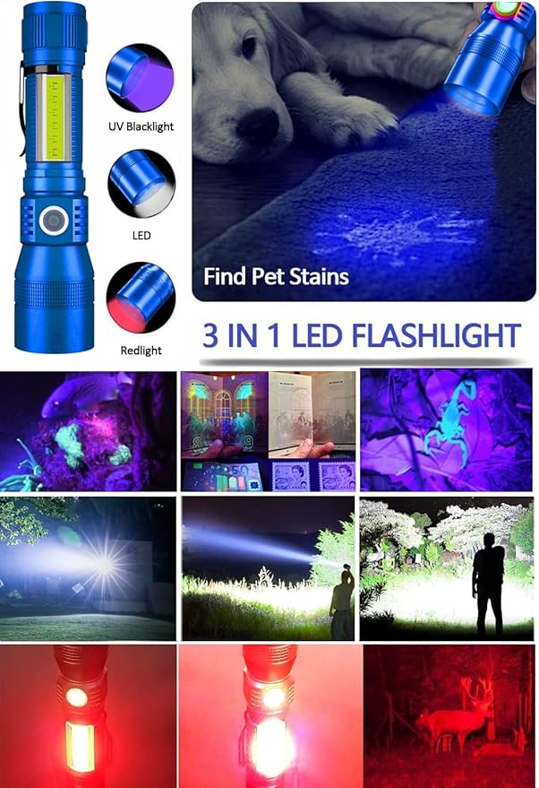 Black Light UV Flashlight Rechargeable, 3in1 Super Bright Tactical Flashlights LED UV Black Light &Redlight, 1500Lumen 7Modes, Zoomable, Waterproof Pocket Flashlight for Pet Stains Detection,Camping