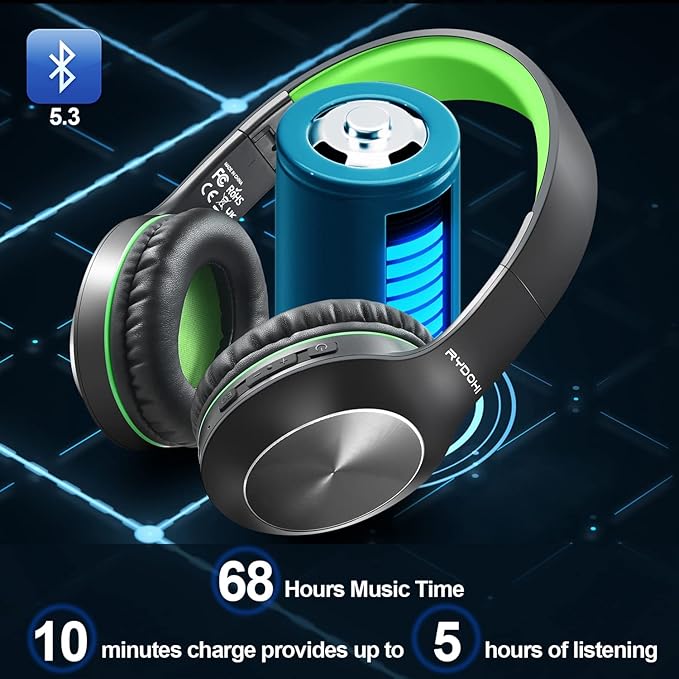 Rydohi Bluetooth Headphones Over Ear, 68H Playtime 3 EQ Music Modes Wireless Headphones with Microphone/Deep Bass, HiFi Stereo Foldable Headset for PC Home Travel Office (Black Green)