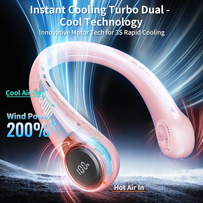 Portable Neck Fan with 6000mAh USB - Rechargeable Battery, 360° Cooling Wearable Fan, 3 Speeds, Ultra-Light Bladeless Neck Fan LED Display (Pink)