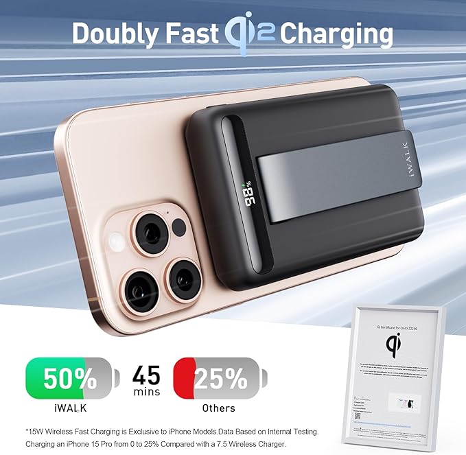 iWALK Qi2 Certified 15W Magnetic Wireless Power Bank, 10000mAh Portable Charger with Adjustable Stand & LED Display, Fast Charging for iPhone 16/15/14/13/12 Pro/Pro Max/Plus/Mini