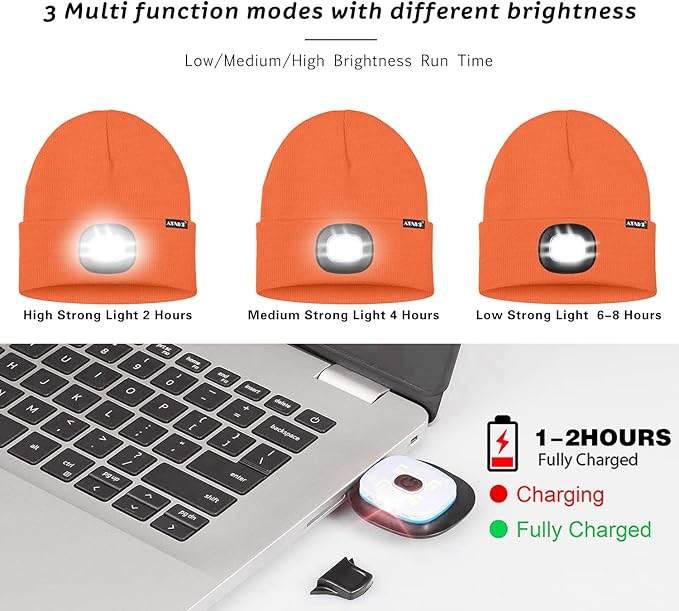 ATNKE LED Lighted Beanie Hat,USB Rechargeable 4 LED Running Headlamp Bright Cap with The Light Gifts for Men and Women