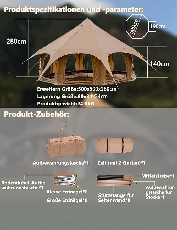 Cotton Canvas Tent Bell - Yurts Breathable and Windproof,Glamping for 6/8/10Person Family Camping
