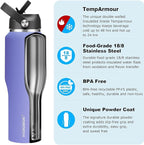 HYDROWION 40 oz Insulated Water Bottle with Straw fit in Car Cup Holder(Cold 48 hrs, Hot 24 hrs) Drinking Bottle with Straw Lid, Spout Lid and Flex Cap Leakproof Travel Thermo Mug，Purple