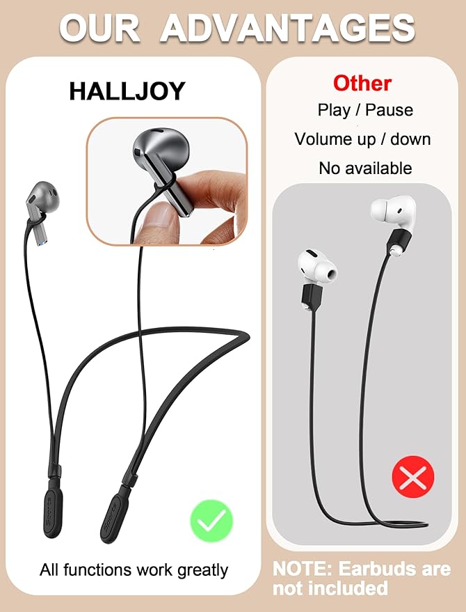 HALLJOY for Galaxy Buds 4/4 Pro/Buds 3/3 Pro Strap Neckband, Anti-Lost Accessories, Support Volume Control, Ergonomic Design, Fit Airpods Pro 3/2/1, Airpods 4, 3, 2, 1, Black Band/Black Tip
