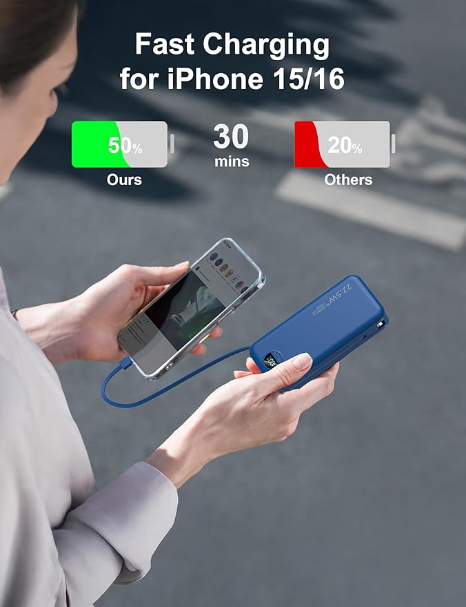 20000mAh Ultra-Portable-Charger-Power-Bank with Built in Cables&AC Wall Plug,PD20W USB-C Fast Charging Cell Phone Charger Battery Pack,LED Display Travel Battery Bank for All iPhone,Samsung,Android