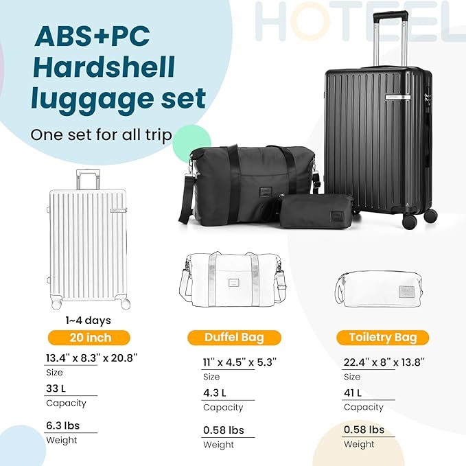 Hoteel Spinner Luggage Sets 3 Piece Carry on Luggage with TSA Lock for Men and Women (4-YEAR WARRANTY), ABS+PC Hard Shell Rolling Carry-on Suit Case for Plane, Travel, Business, Black (20in/DB/TB)