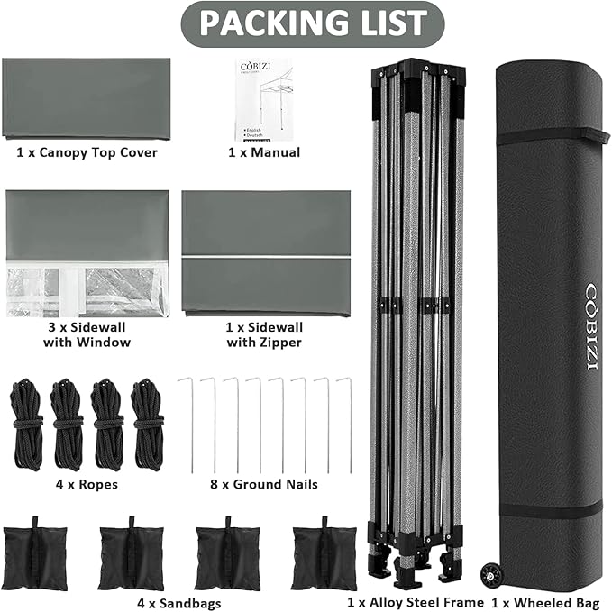 COBIZI 10x10 Pop up Canopy Tent with 4 Sidewalls, Waterproof Heavy Duty Commercial Canopy for Parties, Outdoor Tent, Garden Gazebo, Carry Bag with Wheel (10x10ft, Gray)