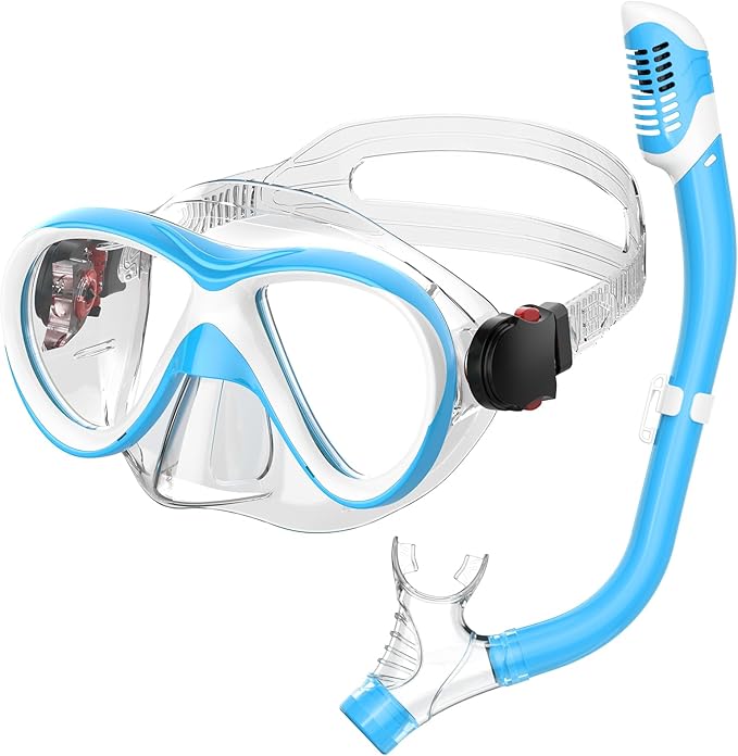 Kids Snorkel Set, Dry Top Snorkeling Gear for Kids, Diving Mask for Youth Boys Girls Age 5-15, Tempered Glass Swimming Goggles Combo Set, Anti-Fog Panoramic View Kids Snorkel Set
