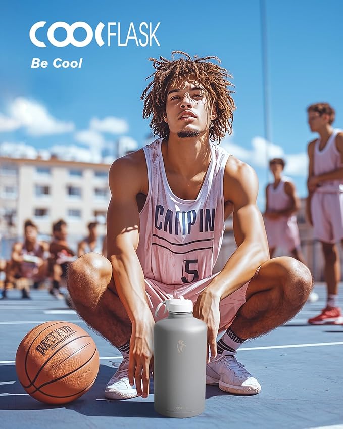 Coolflask 128 oz Gallon Water Bottle Insulated with Straw&3 Lids, Water Jug Large Stainless Steel Metal Vacuum Wide Mouth for Sports, Gym or Office, Non-BPA Keep Cold 48H Hot 24H, Dark Grey