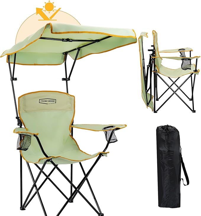 YOUNG WOOD Portable Camping Chair Beach Chair with Shade Canopy, Fold Lightweight Oversized for All, Easy to Open and Close Without Installation, Side Pocket Design for All Outdoor Activities,Green,2p