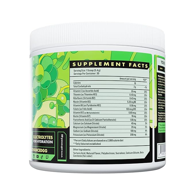 Advanced Hydration High-Performance Electrolyte Drink Mix with B Vitamins for All-Day Hydration - Caffeine Free, Zero Calories, Sugar Free, & Keto Friendly - (30 Servings, White Grape)