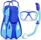 Snorkeling Gear for Kids Ages 5-15, 4 in 1 Mask Fins Snorkel Set with HD Tempered Glass Panoramic View Anti-Fog Mask, Dry Top Snorkel, Adjustable Trek Fins, and Mesh Bag, Kids Snorkel Set for Youth