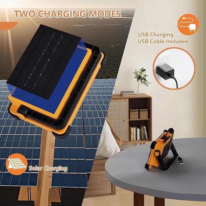 2 Pack 120W Solar Rechargeable Work Light, 144 LED 10000LM Portable Flood Light with Stand, IP66 Waterproof 4 Modes LED Job Site Lighting Flashlights for Mechanic Camping Fishing Car Repair