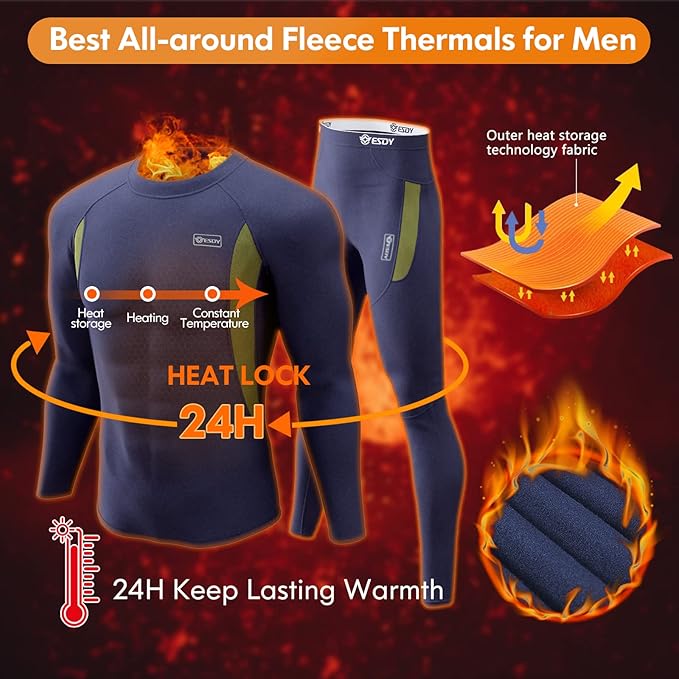 romision Thermal Underwear for Men Long Johns Fleece Lined Hunting Gear Bottom Top Set Base Layer for Cold Weather Gift