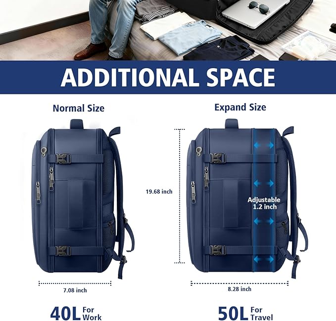 Travel Backpack, Extra Large 50L Flight Approved Carry on Backpack, Expandable Waterproof Business Suitcase Daypack Big Bag Fits 18.4 Inch Laptop, Blue