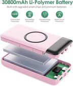 Wireless Portable Charger 30,800mAh 15W Wireless Charging 25W PD QC4.0 Fast Charging Smart LED Display USB-C Power Bank,4 Output& 2 Input External Battery Pack Compatible with iPhone,Samsung etc-Pink