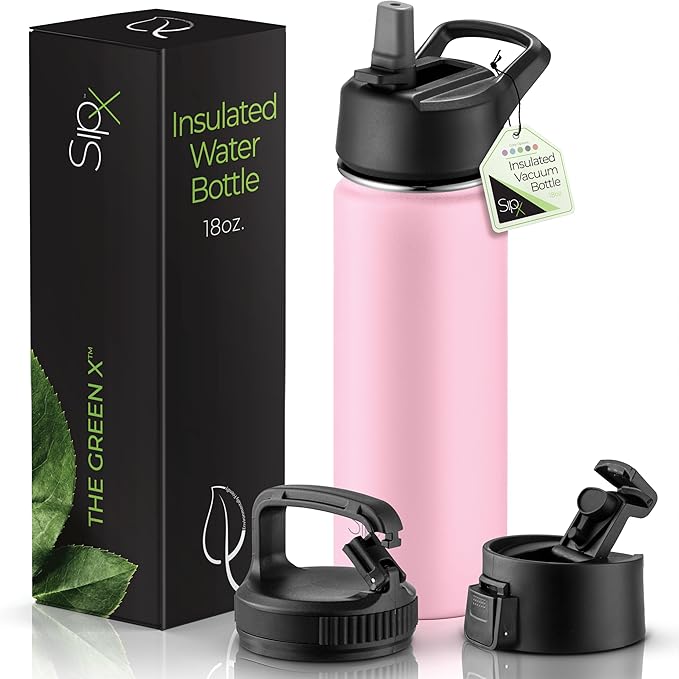 SipX™ Triple-Insulated Stainless Steel Water Bottle 18oz. With 3 Lids, BPA-Free Reusable Insulated Water Bottle Keeps Cold 24 Hours, (Pink)