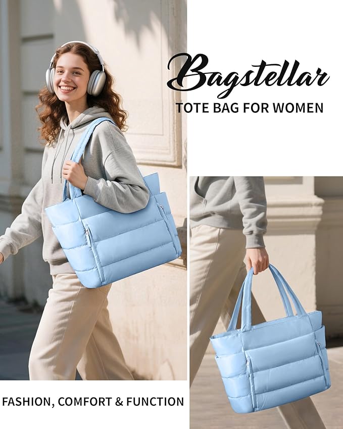 Puffer Tote Bag for Women, Lightweight Puffy Work Handbag Teacher Nurse Quilted Shoulder Bag for School Travel Gym