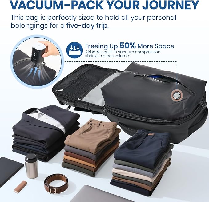 Fanwoli Vacuum Travel Backpack, Carry On Luggage with TSA Lock & Anti Theft Zipper, Expandable Airback with Compression Pump, Waterproof Laptop Bag Ideal for Flight & Business