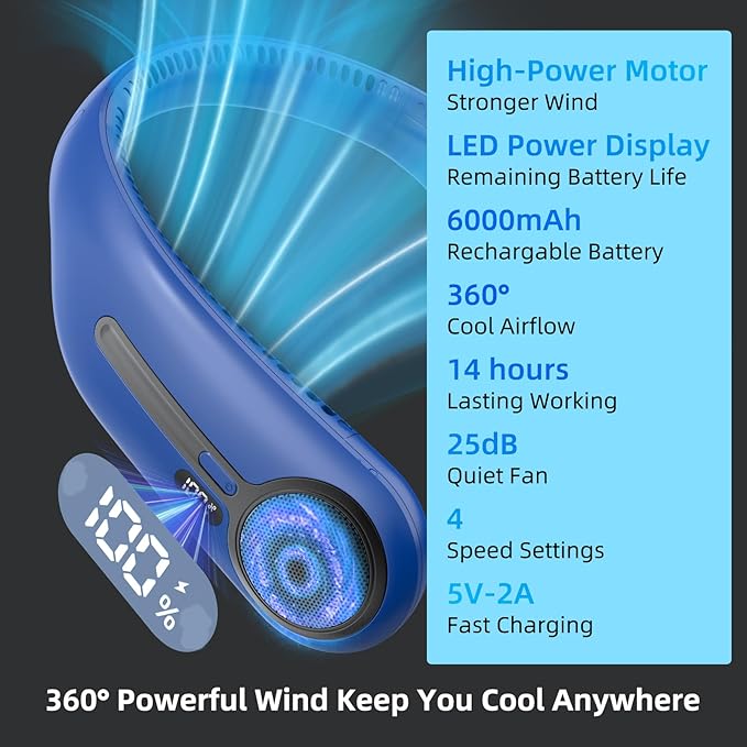 Portable Neck Fan,Hands Free Personal Wearable Bladeless Fan,6000mAh USB Rechargeable,360° Cooling,LED Display,4-Speeds,Birthday Gifts for Men Women Dad Mom,Outdoor Indoor Travel Camping (Navy)