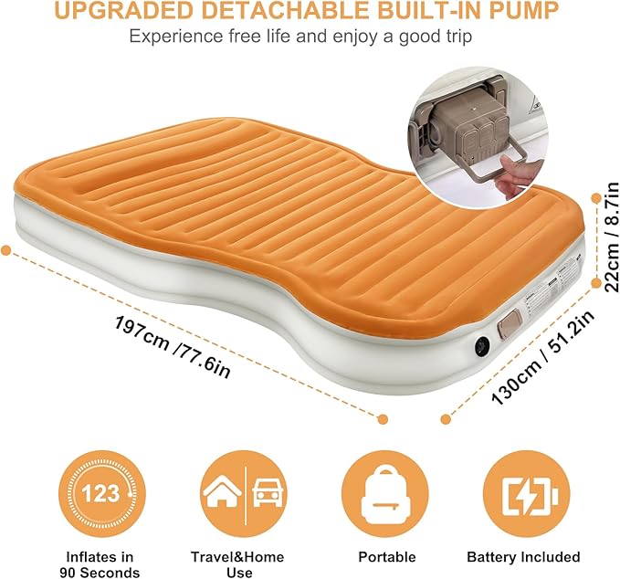 KMZ SUV Air Mattress with Built-in Pump & 2 Pillows, Thickened Flocked PVC, Quick 90-Seconds Inflation Air Bed, Portable & Durable Car Air Bed for Camping, Travel, Truck