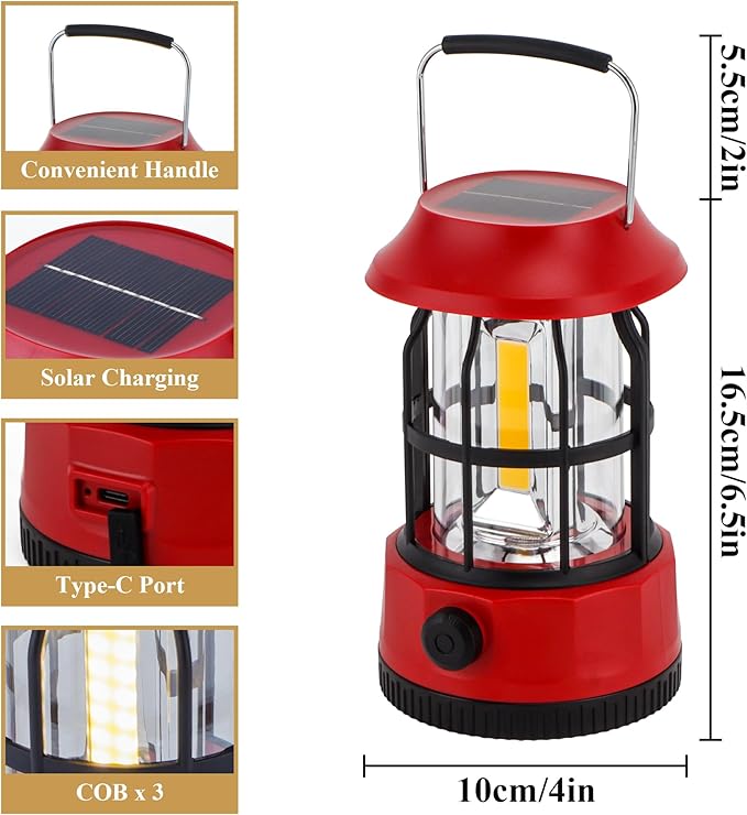 TRIROCKS Set of 4 LED Solar Camping Lantern Dimmable Rechargeable Lantern IPX3 Water-Resistant Portable Emergency Lights Outdoor Camping Lights for Camping Home Power Outage Hurricane Hiking (Red)