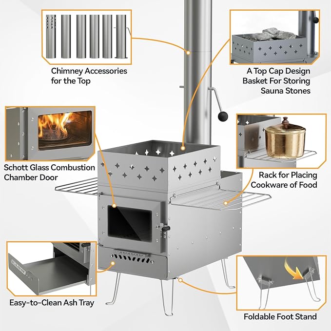Sauna Hot Tent Stove, Portable Wood Burning Stove for Outdoor Camping with Chimney Pipe for Dry Sauna, Cooking for Family and Friends, Upgraded Heat Concentration System with Sauna Stones Basket