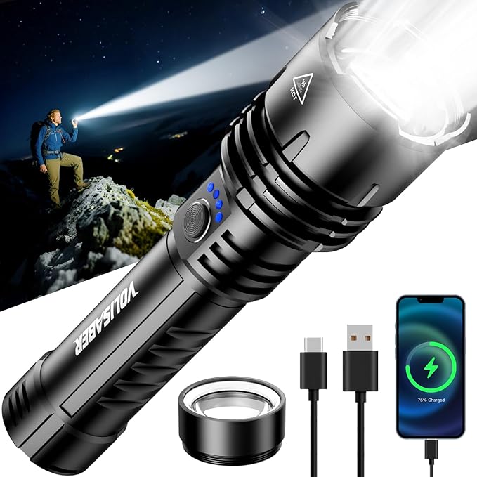 Flashlight 2000 High Lumens with Ignition Lens, Rechargeable Super Bright Zoomable LED Flash Light, 5 Modes Waterproof Handheld Powerful Tactical Flashlights for Camping Essentials Emergency