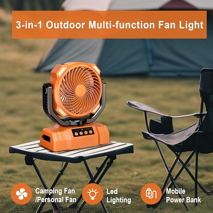 20000mAh Camping Fan with LED Lantern, 360° Oscillation, Remote Control, 4 Speed & Timer, Rechargeable Battery Powered Fan for Tent, Outdoor, Travel, Hurricane, Emergency, Power Outage(Orange)