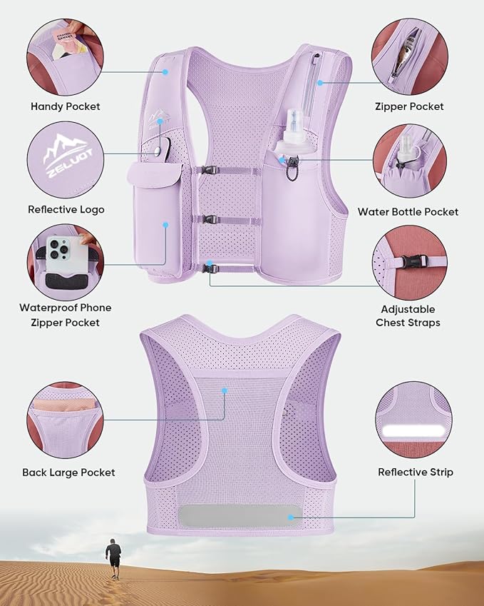 Running Vest for Women Men, USA Original Patent, Adjustable Chest Straps Running Hydration Vest with 500ml Soft Flask, Lightweight Reflective Hydration Backpack for Marathon